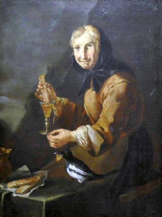 Giacomo Francesco Cipper Old woman with a glass and a magpie